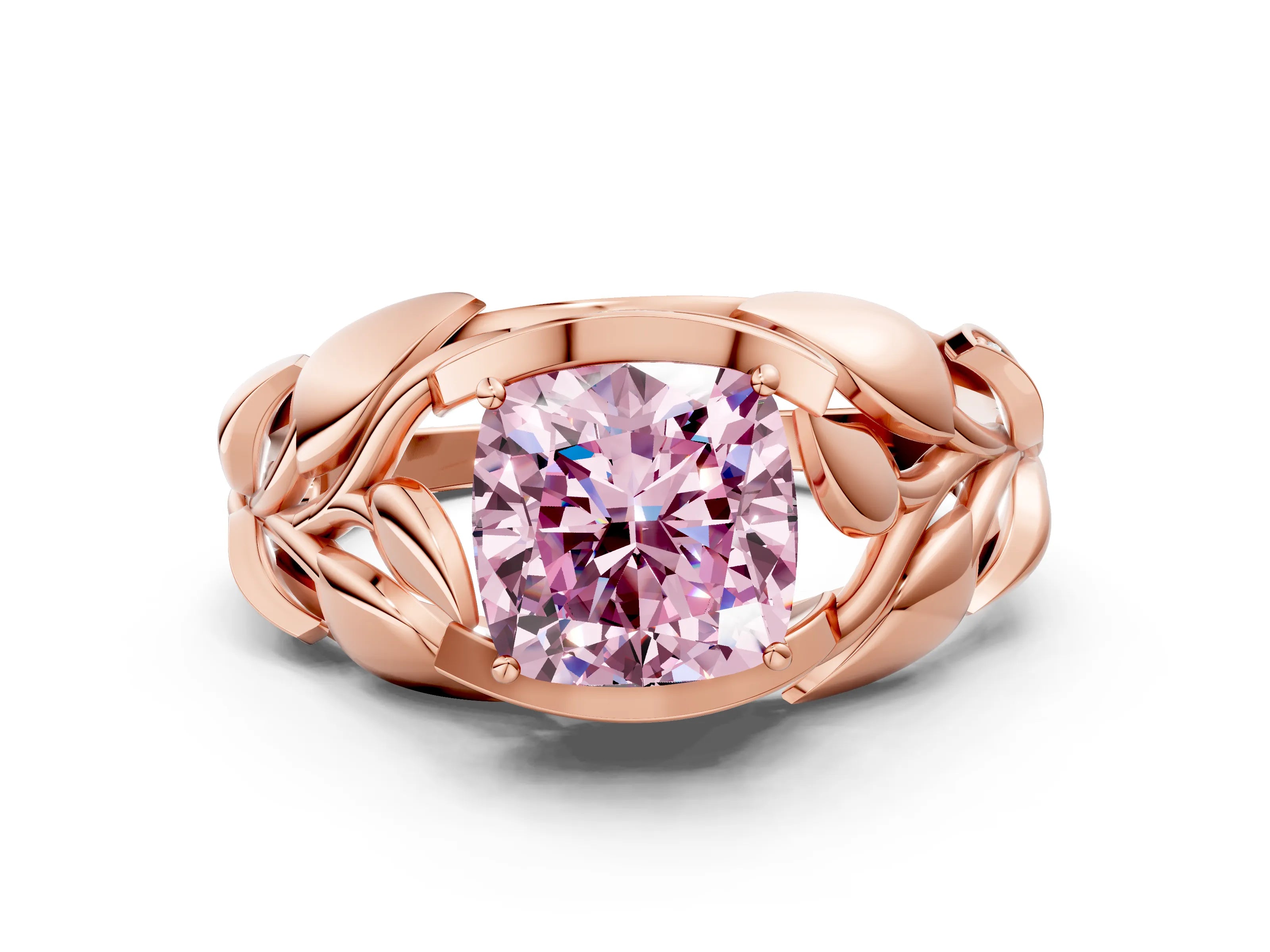 Rose gold Fancy Pink Cushion Cut Solitaire Leaf-Inspired Engagement Ring with Prong Setting