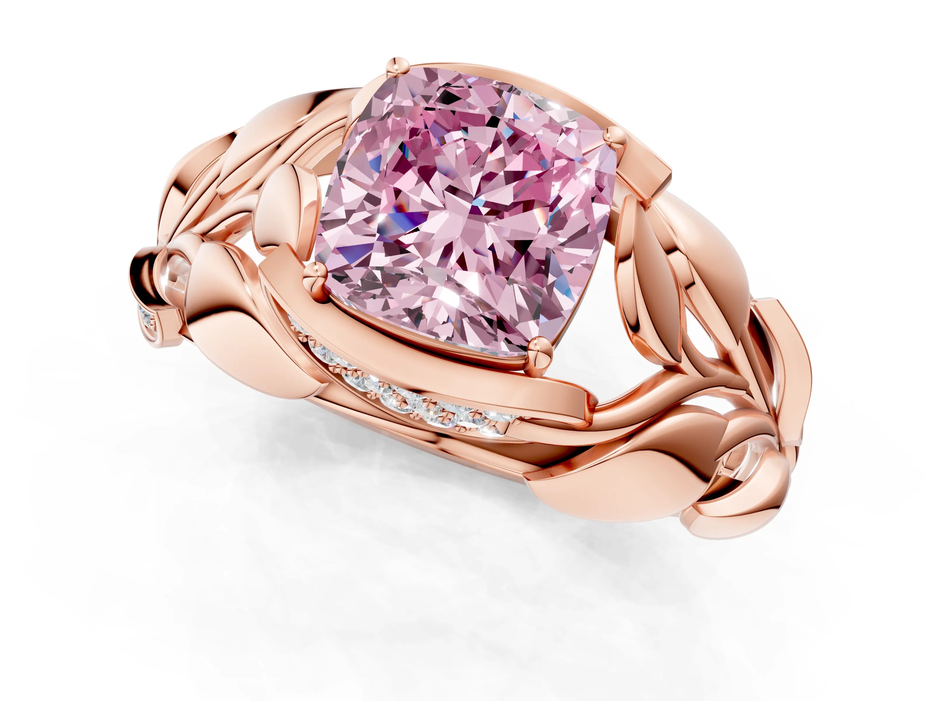 Rose gold Fancy Pink Cushion Cut Solitaire Leaf-Inspired Engagement Ring with Prong Setting_1