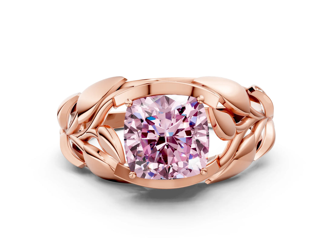 Rose gold Fancy Pink Cushion Cut Solitaire Leaf-Inspired Engagement Ring with Prong Setting_12