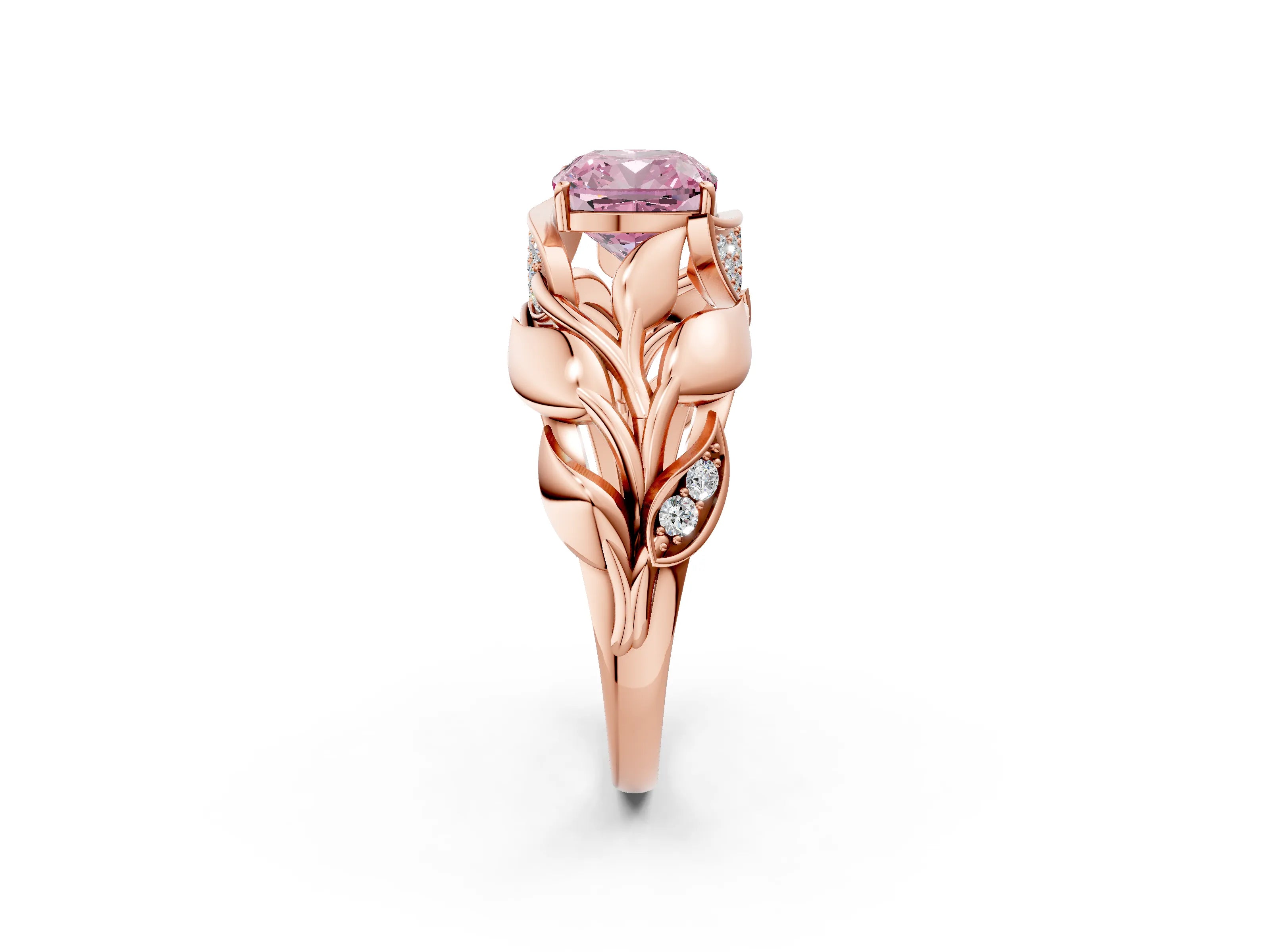 Rose gold Fancy Pink Cushion Cut Solitaire Leaf-Inspired Engagement Ring with Prong Setting_2
