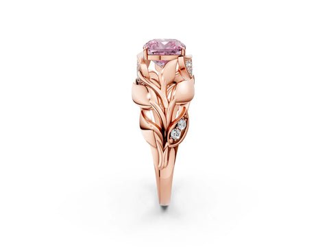Rose gold Fancy Pink Cushion Cut Solitaire Leaf-Inspired Engagement Ring with Prong Setting_2
