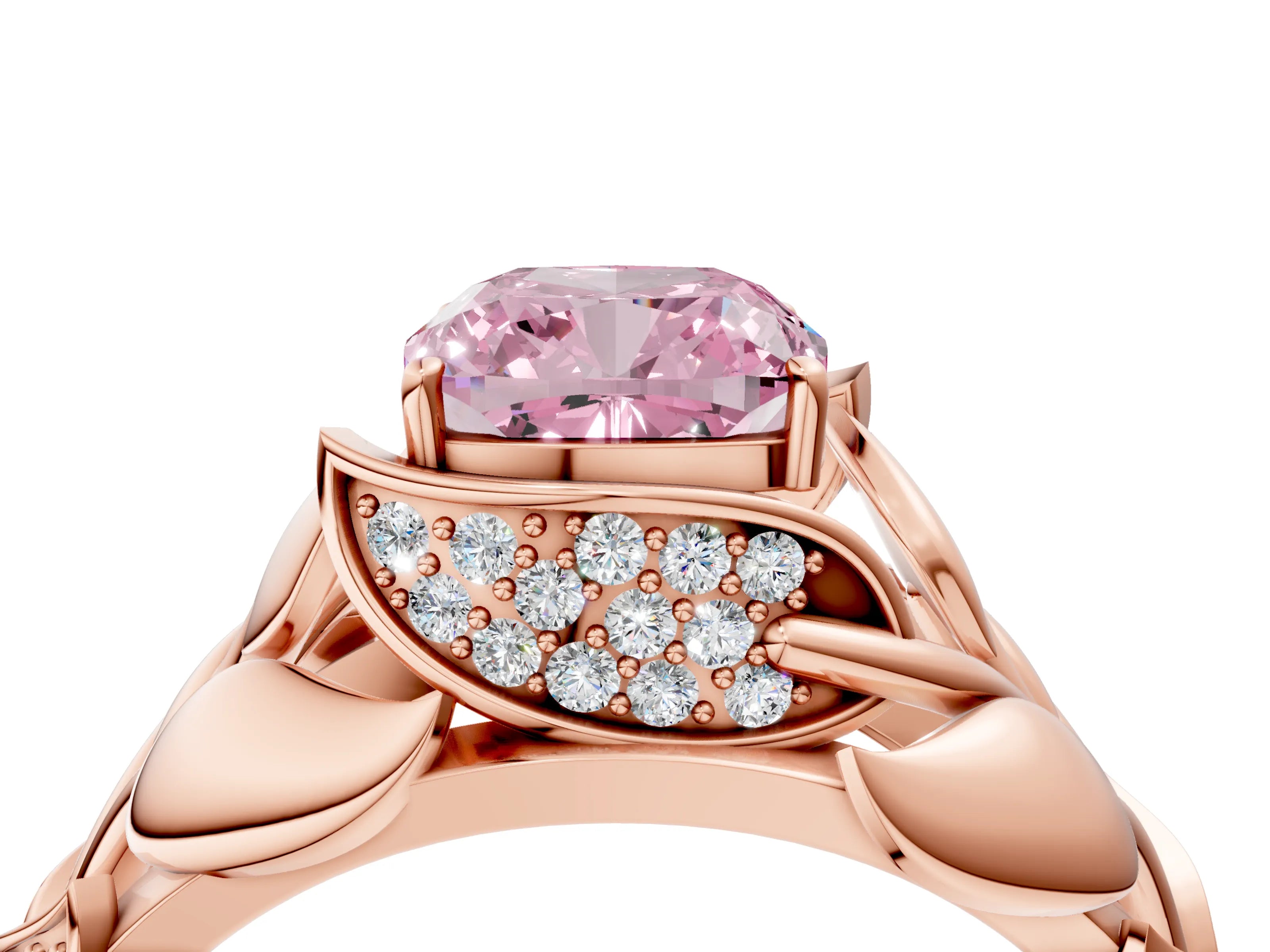 Rose gold Fancy Pink Cushion Cut Solitaire Leaf-Inspired Engagement Ring with Prong Setting_4