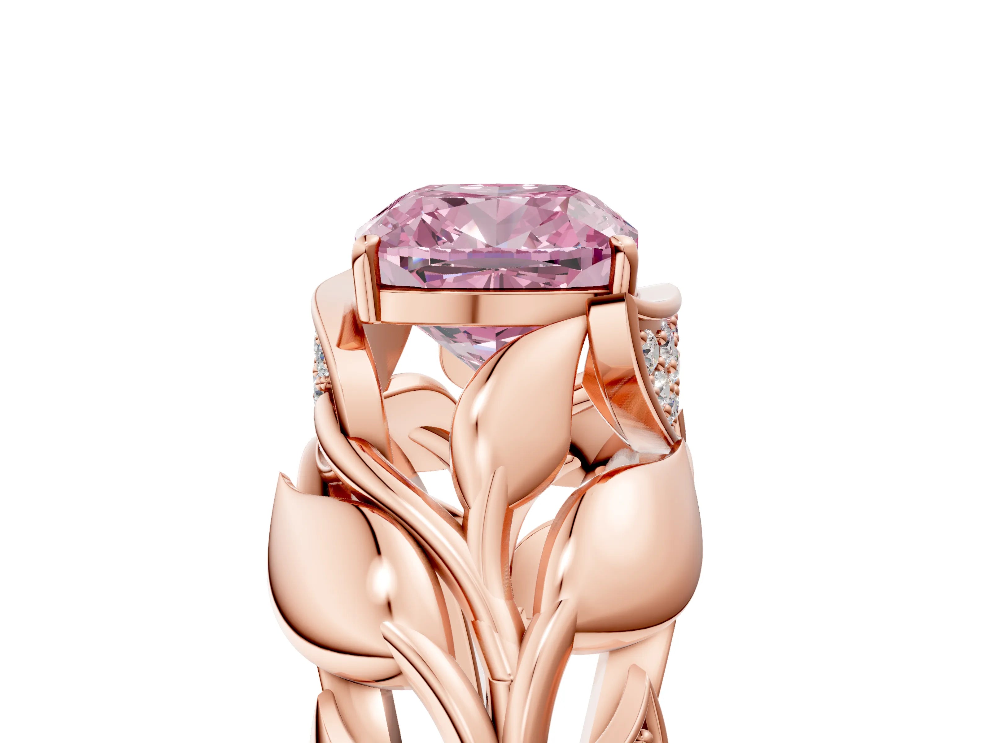 Rose gold Fancy Pink Cushion Cut Solitaire Leaf-Inspired Engagement Ring with Prong Setting_5