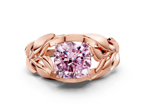 Rose gold Fancy Pink Cushion Cut Solitaire Leaf-Inspired Engagement Ring with Prong Setting