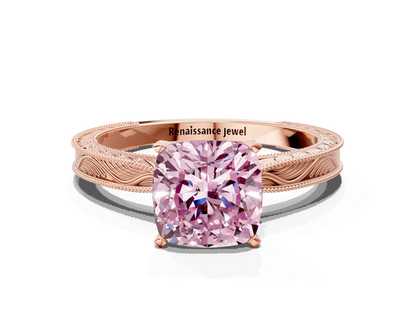 Rose gold Fancy Pink Cushion Cut Solitaire Milgrain Engraved Band with Four-Prong Setting