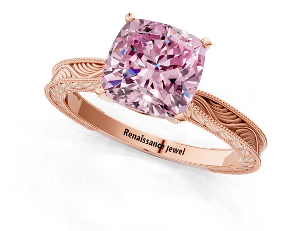 Rose gold Fancy Pink Cushion Cut Solitaire Milgrain Engraved Band with Four-Prong Setting