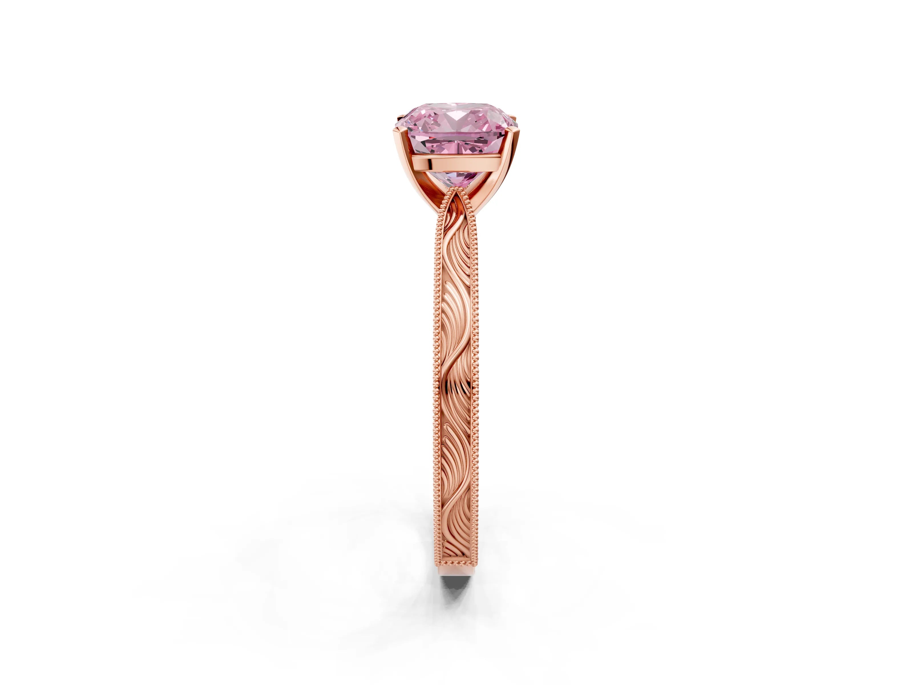 Rose gold Fancy Pink Cushion Cut Solitaire Milgrain Engraved Band with Four-Prong Setting_2