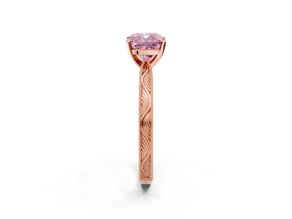 Rose gold Fancy Pink Cushion Cut Solitaire Milgrain Engraved Band with Four-Prong Setting