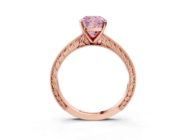 Rose gold Fancy Pink Cushion Cut Solitaire Milgrain Engraved Band with Four-Prong Setting