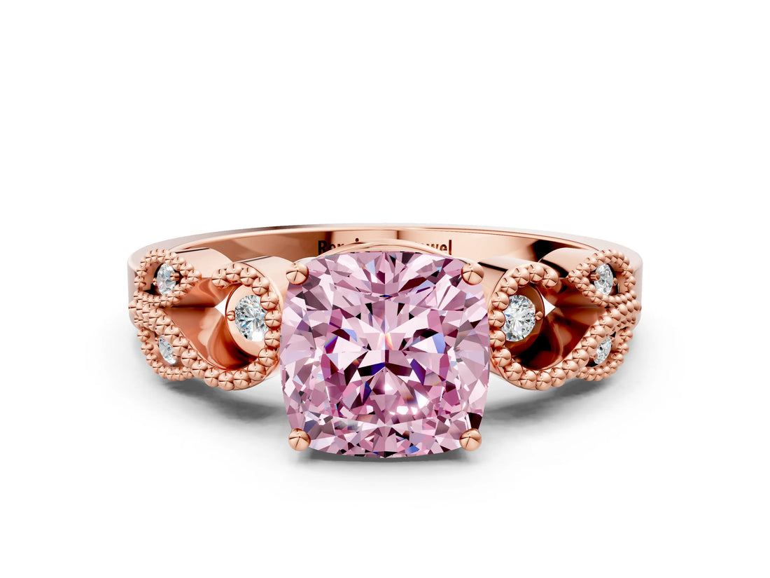 Rose gold Fancy Pink Cushion Cut Solitaire Milgrain Leaf Band with Prong Setting