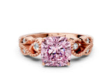 Rose gold Fancy Pink Cushion Cut Solitaire Milgrain Leaf Band with Prong Setting