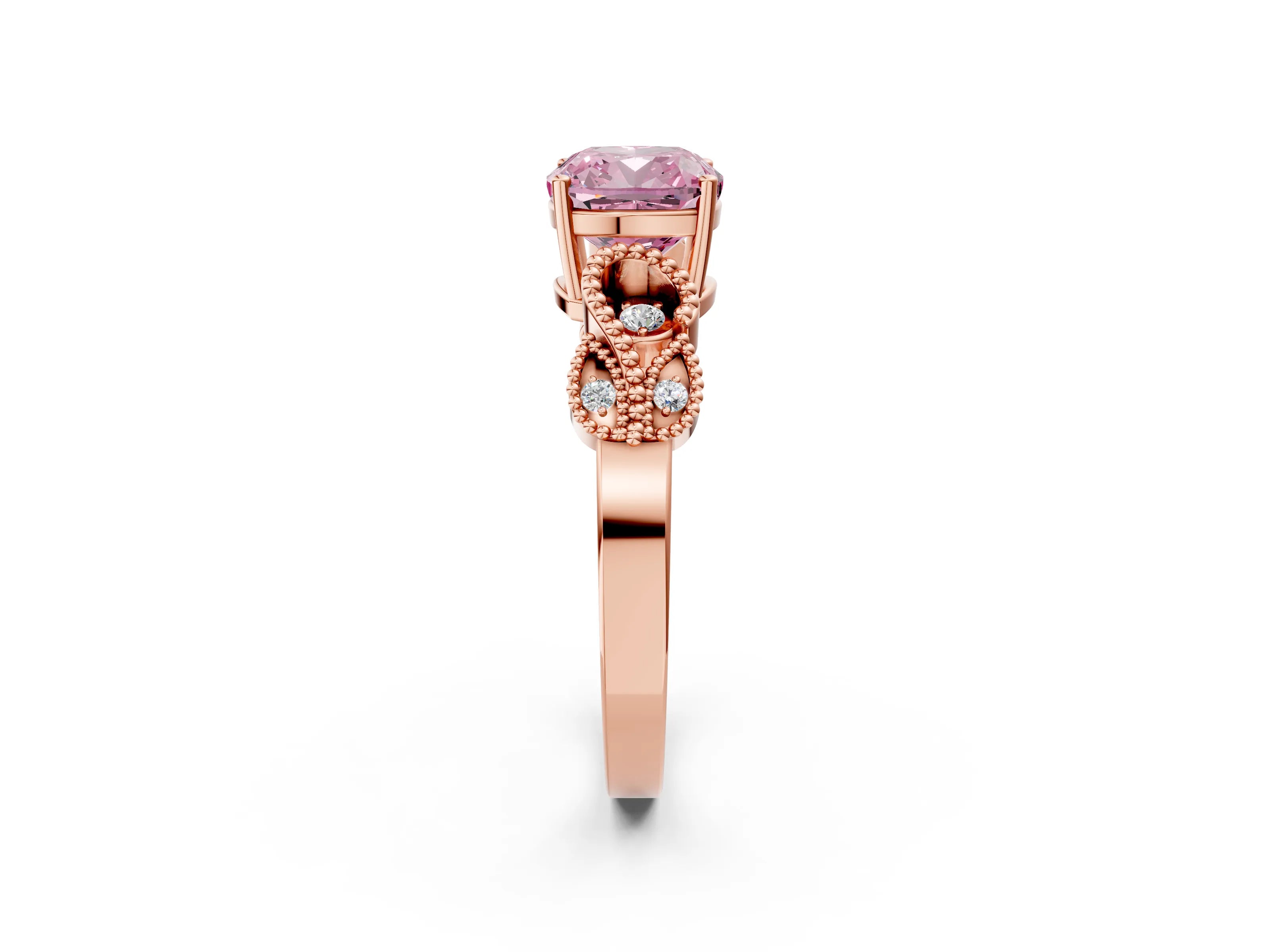 Rose gold Fancy Pink Cushion Cut Solitaire Milgrain Leaf Band with Prong Setting_2