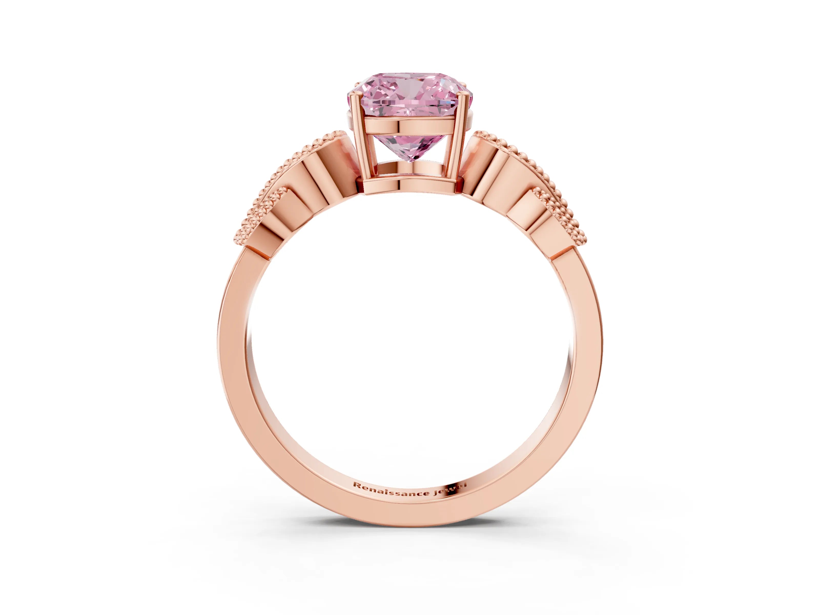 Rose gold Fancy Pink Cushion Cut Solitaire Milgrain Leaf Band with Prong Setting_3