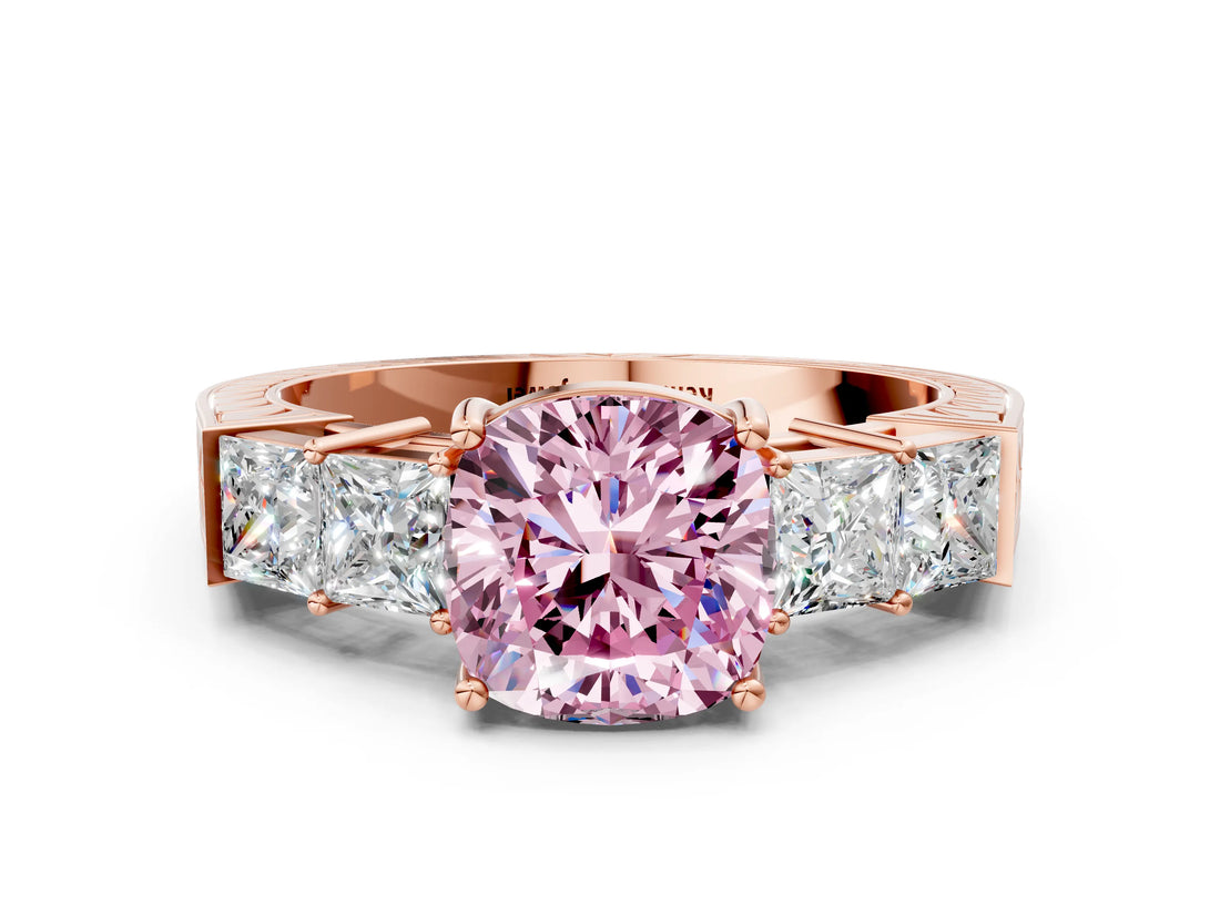 Rose gold Fancy Pink Cushion Cut Solitaire Princess Side Stone Engraved Band Prong Setting Ring