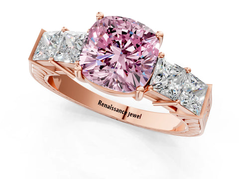 Rose gold Fancy Pink Cushion Cut Solitaire Princess Side Stone Engraved Band Prong Setting Ring_1
