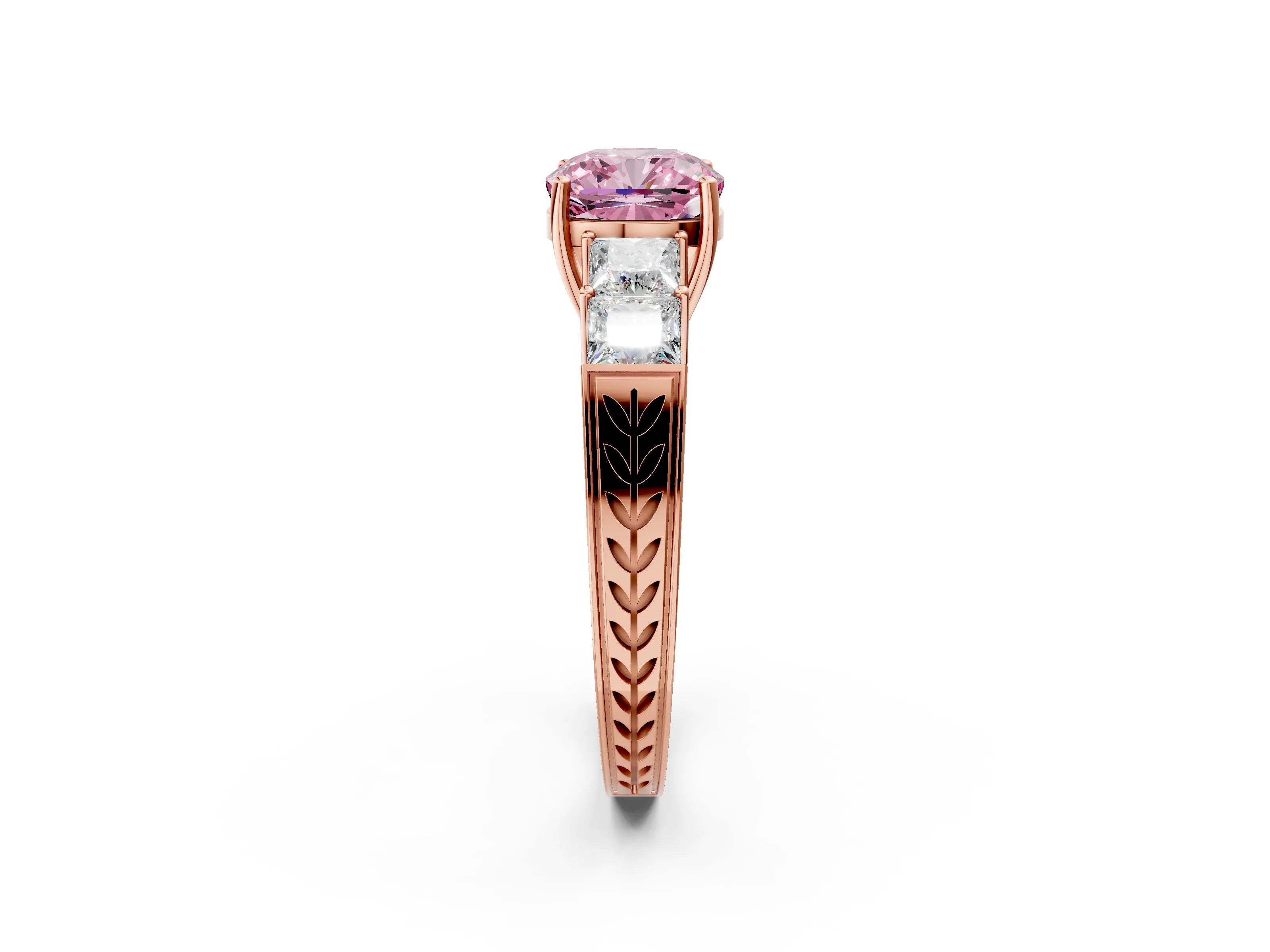 Rose gold Fancy Pink Cushion Cut Solitaire Princess Side Stone Engraved Band Prong Setting Ring_2