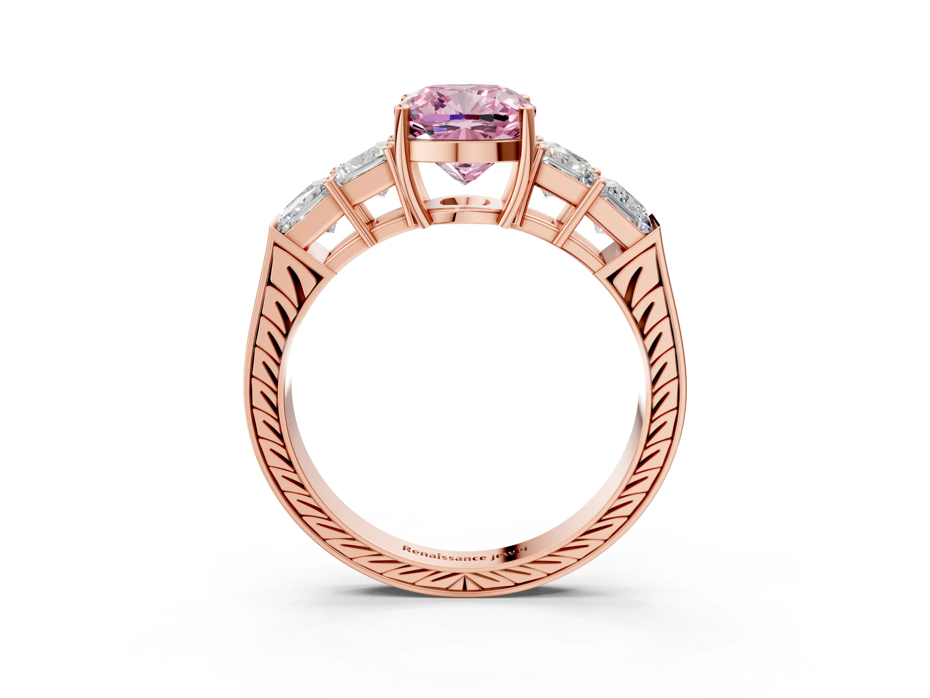 Rose gold Fancy Pink Cushion Cut Solitaire Princess Side Stone Engraved Band Prong Setting Ring_3