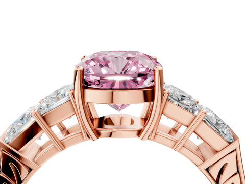 Rose gold Fancy Pink Cushion Cut Solitaire Princess Side Stone Engraved Band Prong Setting Ring_4