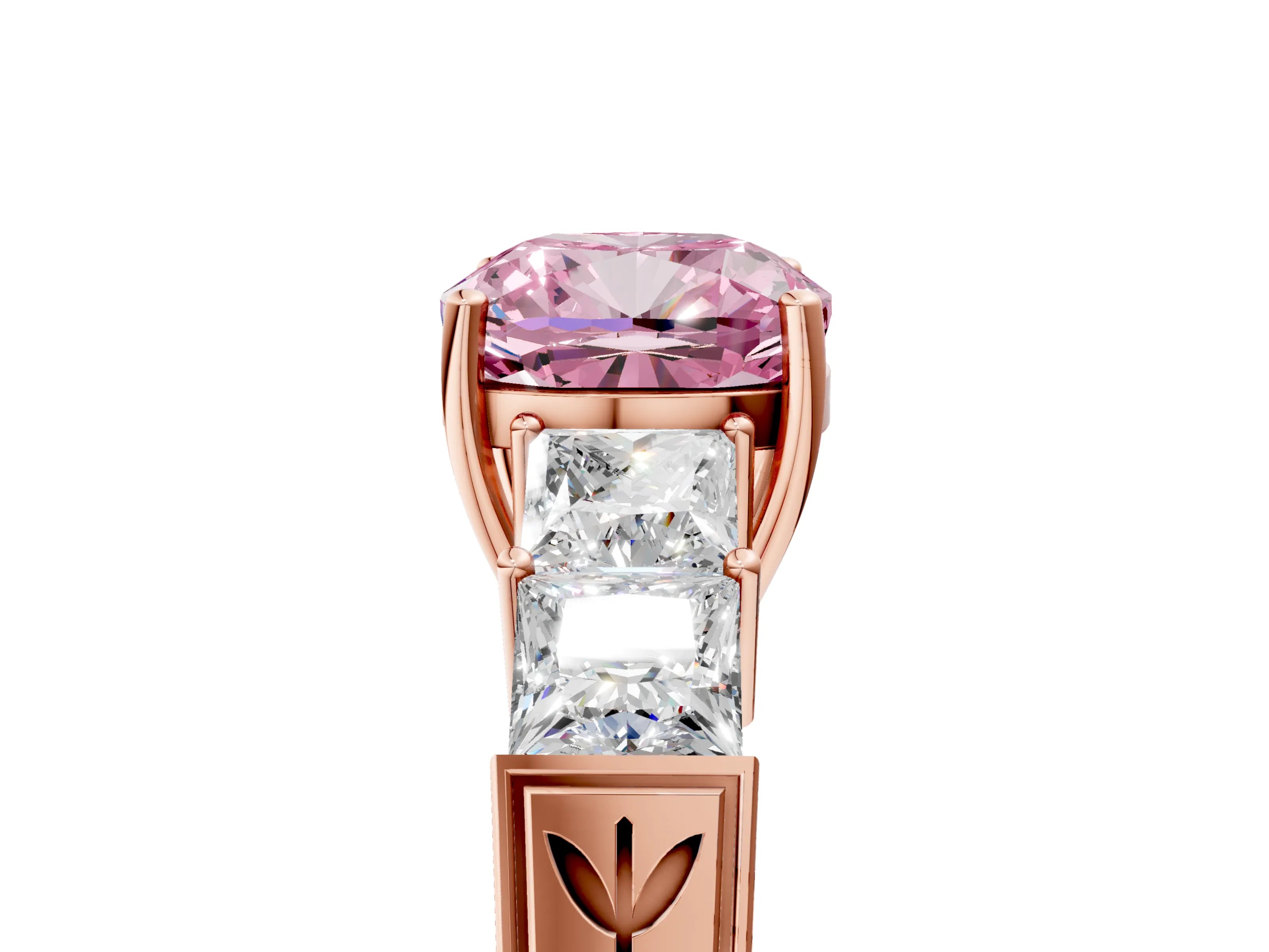 Rose gold Fancy Pink Cushion Cut Solitaire Princess Side Stone Engraved Band Prong Setting Ring_5