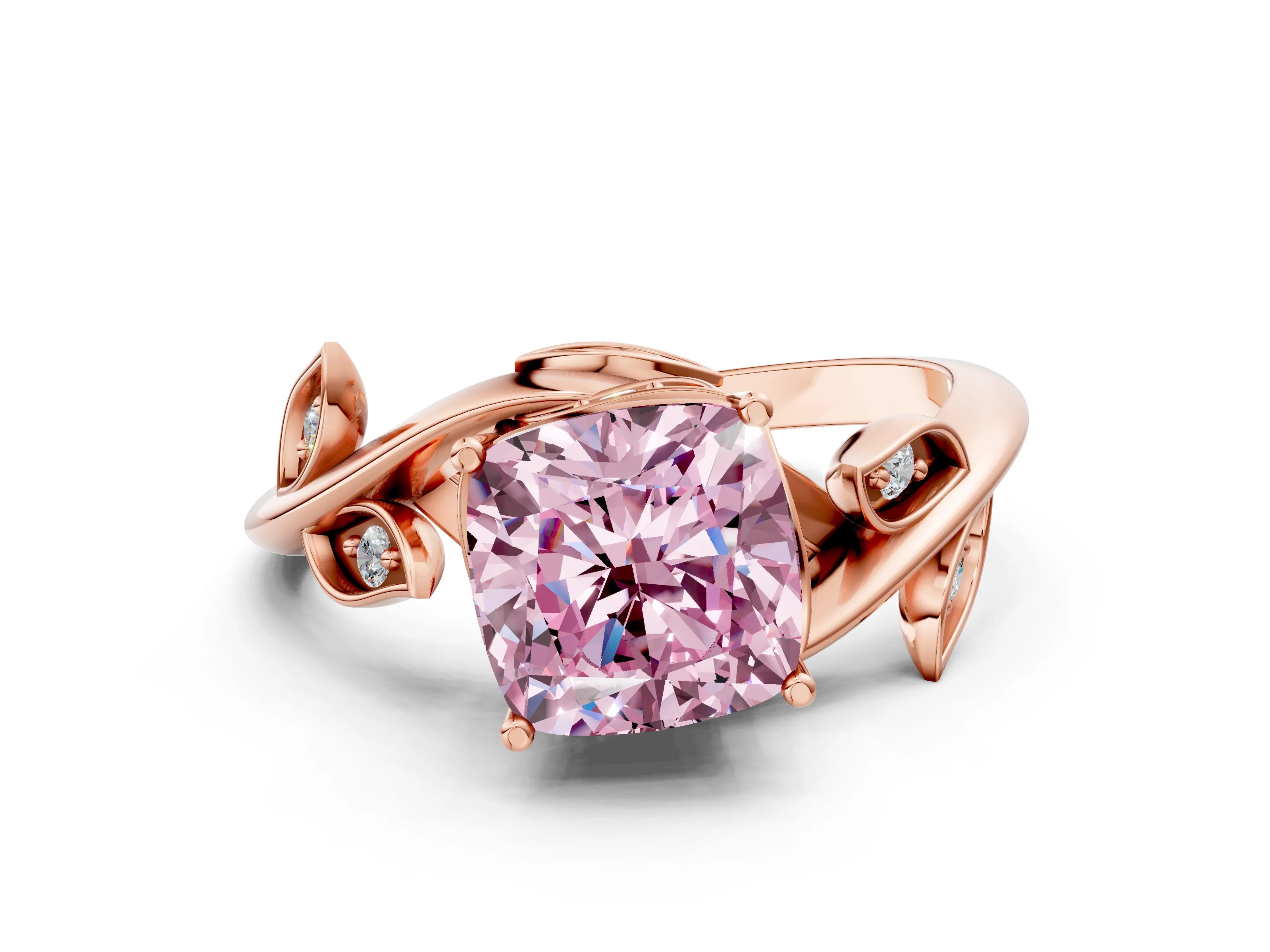 Rose gold Fancy Pink Cushion Cut Solitaire Twist Engagement Ring with Leaf Accents and Prong Setting_18