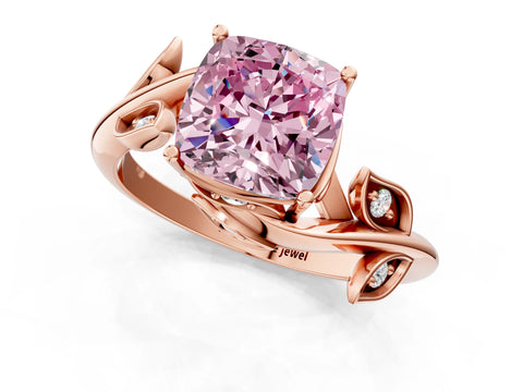 Rose gold Fancy Pink Cushion Cut Solitaire Twist Engagement Ring with Leaf Accents and Prong Setting_19