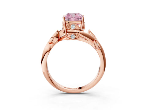 Rose gold Fancy Pink Cushion Cut Solitaire Twist Engagement Ring with Leaf Accents and Prong Setting_21
