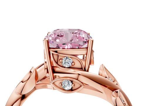 Rose gold Fancy Pink Cushion Cut Solitaire Twist Engagement Ring with Leaf Accents and Prong Setting_22