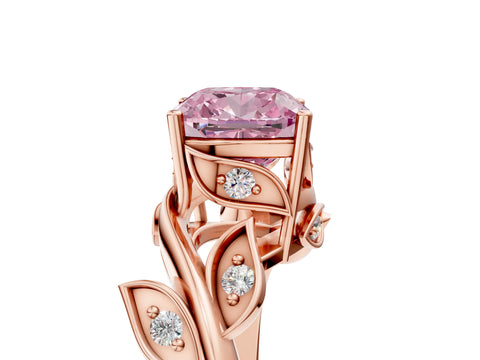 Rose gold Fancy Pink Cushion Cut Solitaire Twist Engagement Ring with Leaf Accents and Prong Setting_23