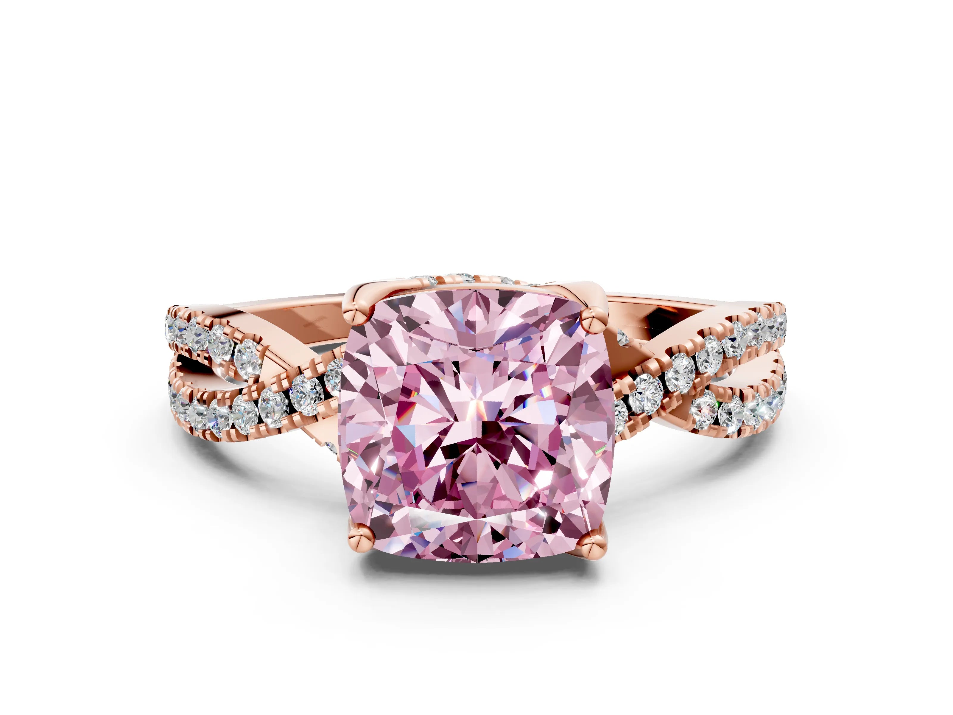 Rose gold Fancy Pink Cushion Cut Solitaire Twist Pave Diamond Engagement Ring with Prong Setting