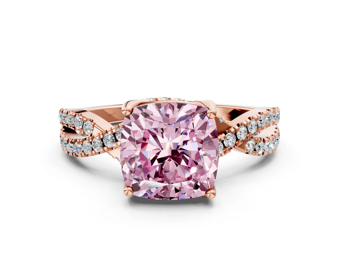 Rose gold Fancy Pink Cushion Cut Solitaire Twist Pave Diamond Engagement Ring with Prong Setting