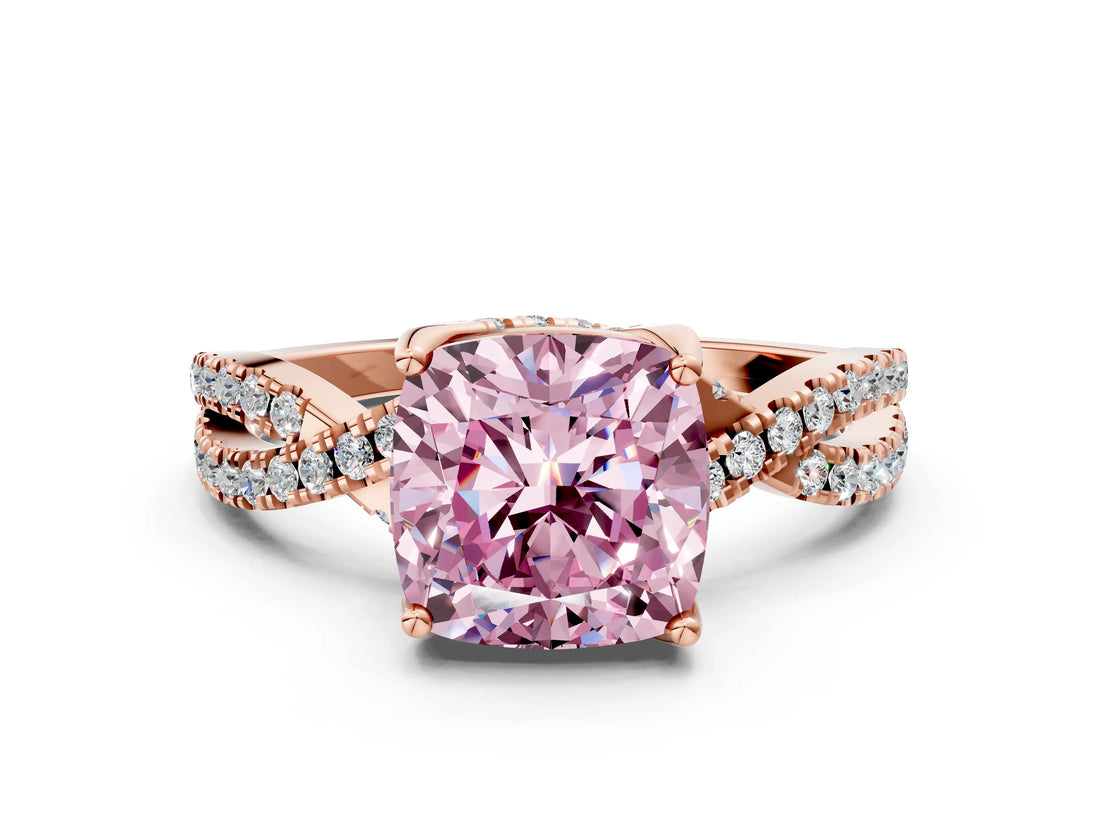 Rose gold Fancy Pink Cushion Cut Solitaire Twist Pave Diamond Engagement Ring with Prong Setting_24