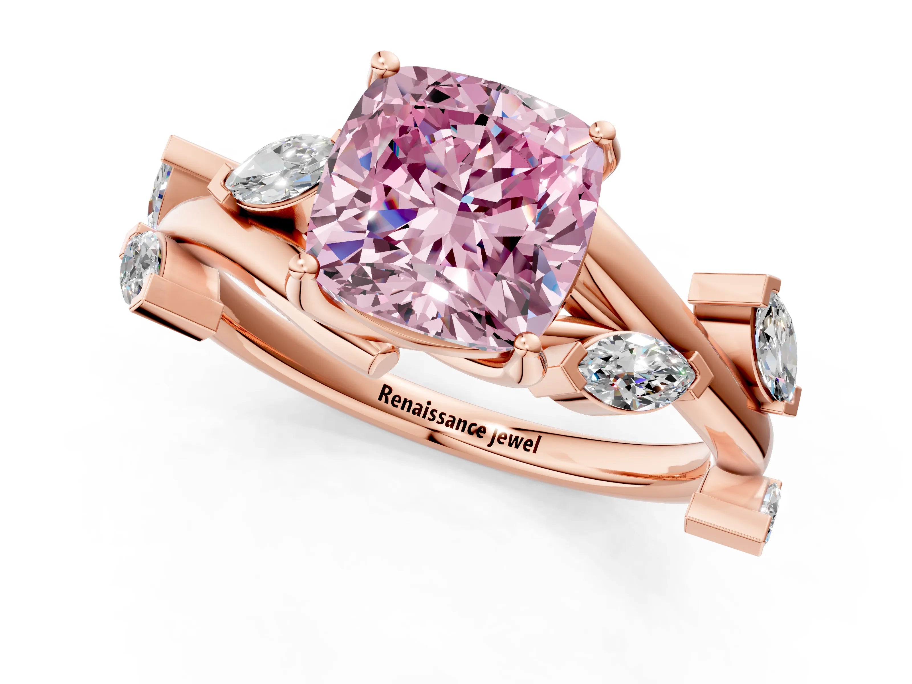 Rose gold Fancy Pink Cushion Cut Solitaire Twisted Band Marquise Accent Prong Setting Ring_1