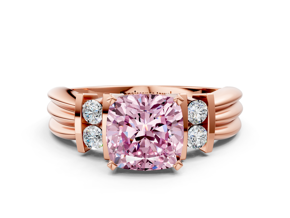 Rose gold Fancy Pink Cushion  Cut Three-Stone Channel Set Ring with Bar Prongs_60