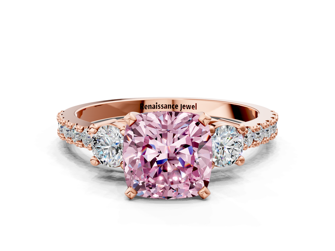 Rose gold Fancy Pink Cushion  Cut Three-Stone Diamond Pavé Band with Prong Setting_17