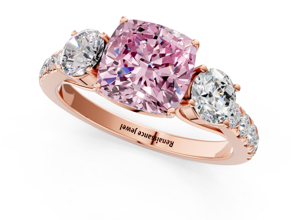 Rose gold Fancy Pink Cushion  Cut Diamond Three-Stone Ring with Round Side Stones and Pavé Band