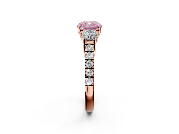 Rose gold Fancy Pink Cushion  Cut Diamond Three-Stone Ring with Round Side Stones and Pavé Band
