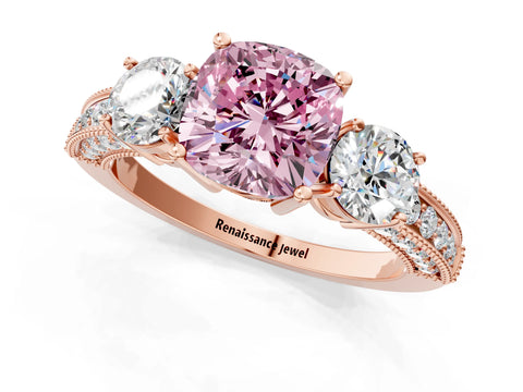 Rose gold Fancy Pink Cushion Cut Three-Stone Diamond Ring with Pavé Band and Four-Prong Setting_1