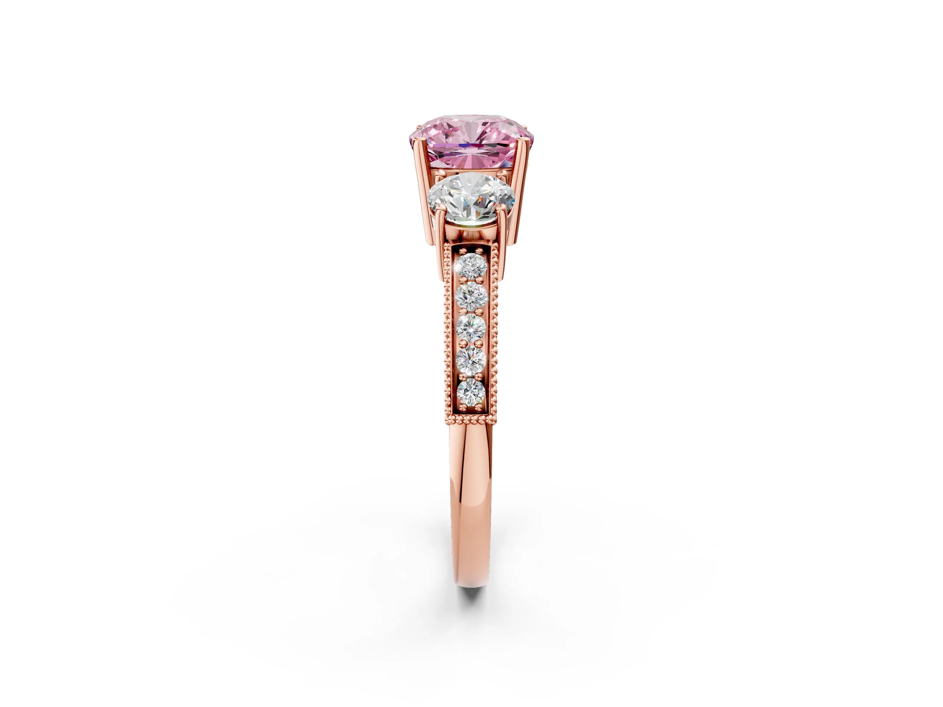 Rose gold Fancy Pink Cushion Cut Three-Stone Diamond Ring with Pavé Band and Four-Prong Setting_2