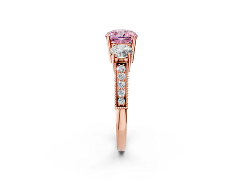 Rose gold Fancy Pink Cushion Cut Three-Stone Diamond Ring with Pavé Band and Four-Prong Setting_2
