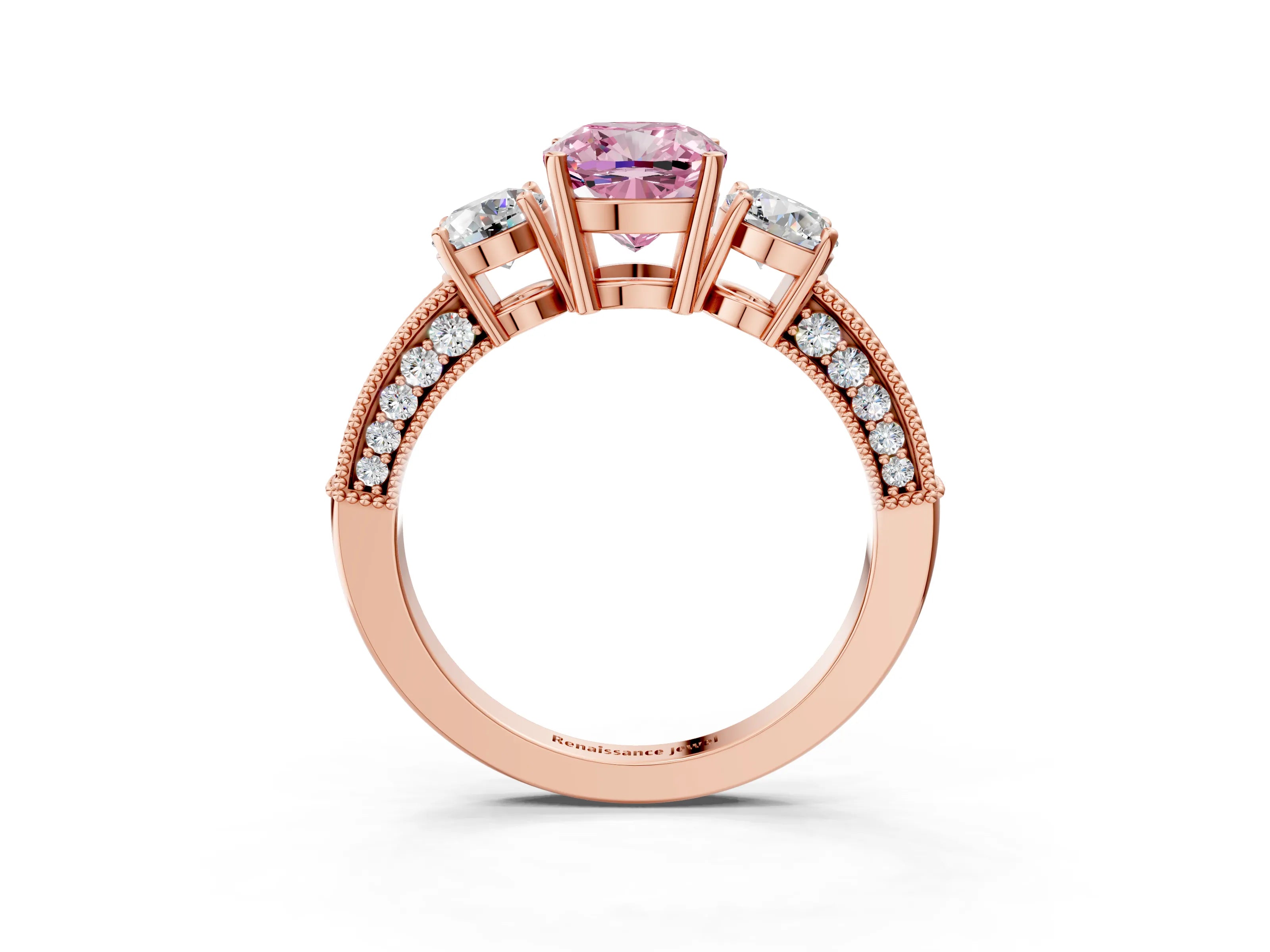 Rose gold Fancy Pink Cushion Cut Three-Stone Diamond Ring with Pavé Band and Four-Prong Setting_3