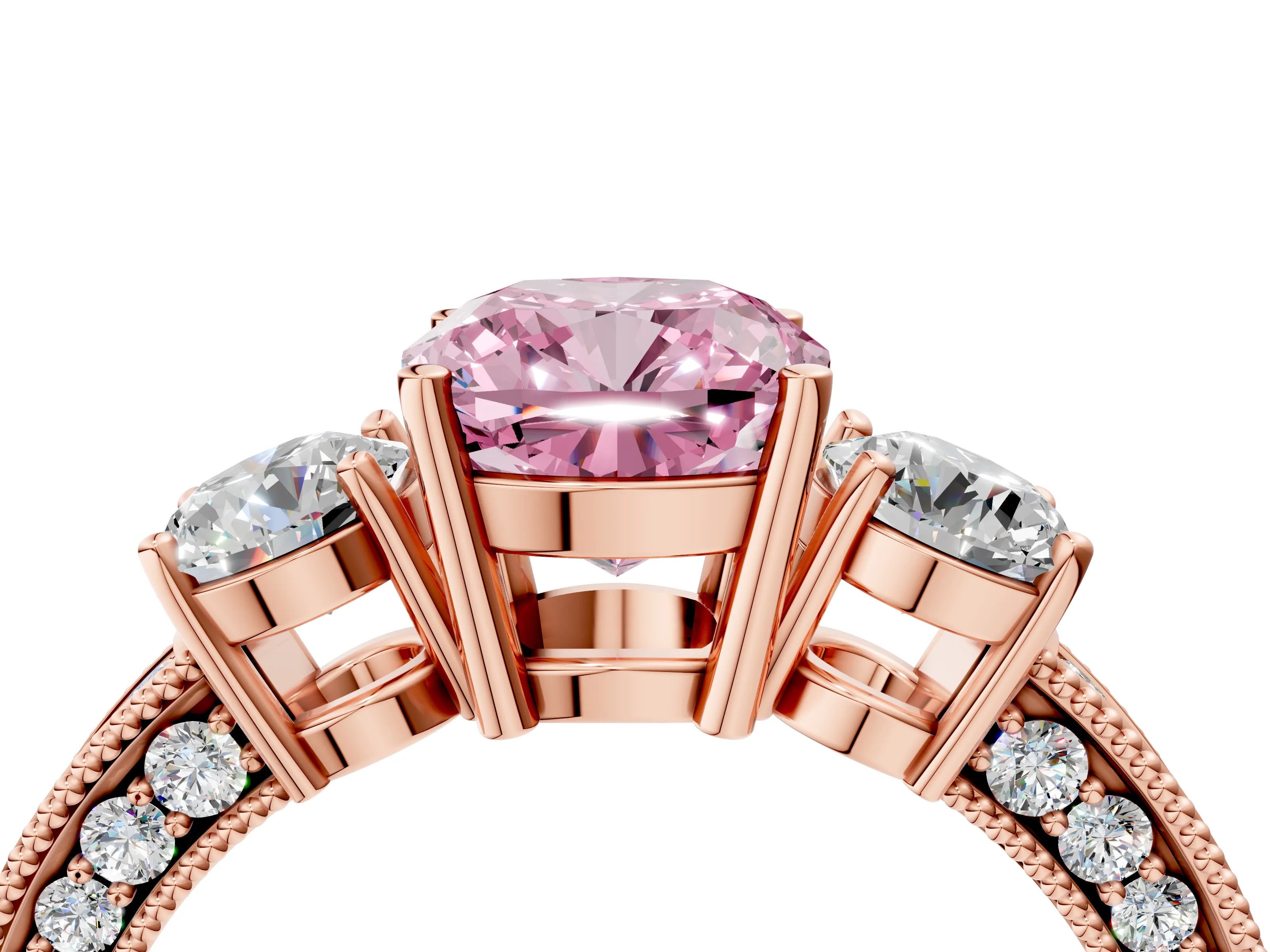 Rose gold Fancy Pink Cushion Cut Three-Stone Diamond Ring with Pavé Band and Four-Prong Setting_4