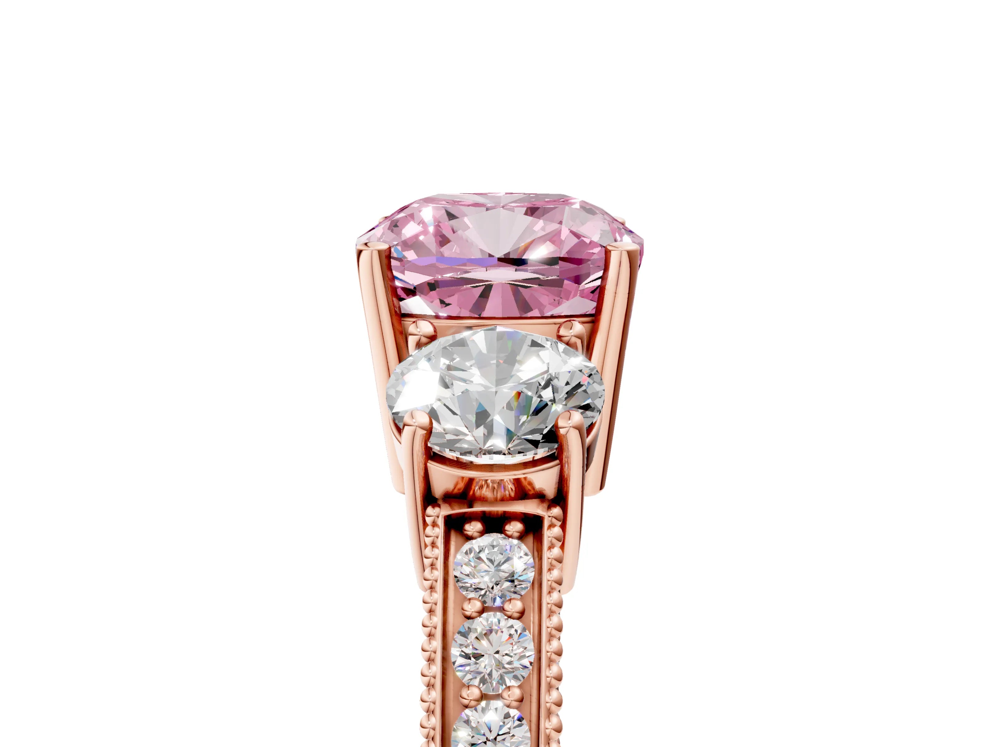 Rose gold Fancy Pink Cushion Cut Three-Stone Diamond Ring with Pavé Band and Four-Prong Setting_5