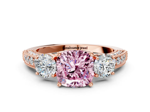 Rose gold Fancy Pink Cushion Cut Three-Stone Diamond Ring with Pavé Band and Four-Prong Setting