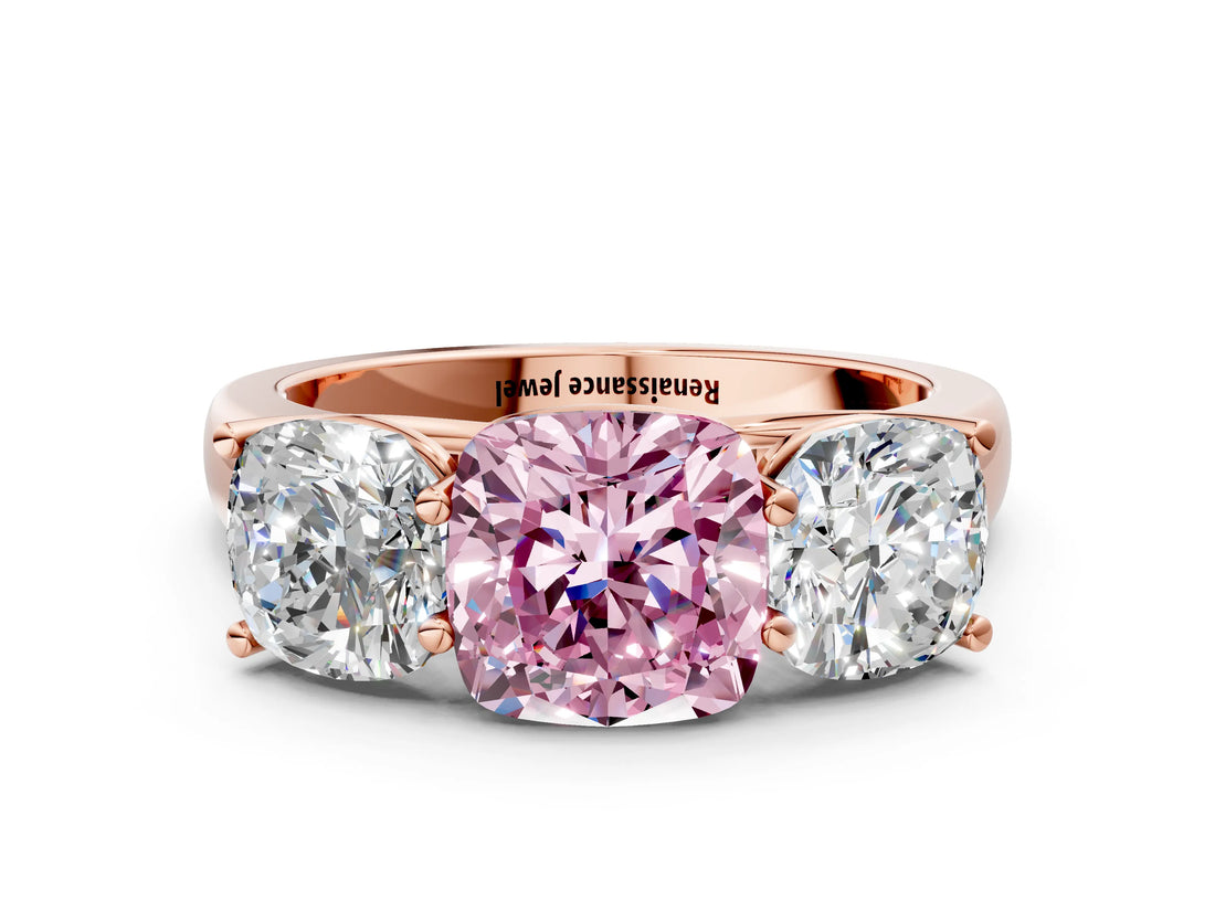 Rose gold Fancy Pink Cushion Cut Three-Stone Diamond Ring with Prong Setting on a Classic Band_12