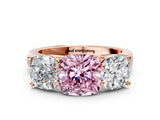 Rose gold Fancy Pink Cushion Cut Three-Stone Diamond Ring with Prong Setting on a Classic Band_12