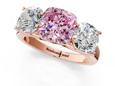 Rose gold Fancy Pink Cushion Cut Three-Stone Diamond Ring with Prong Setting on a Classic Band_1