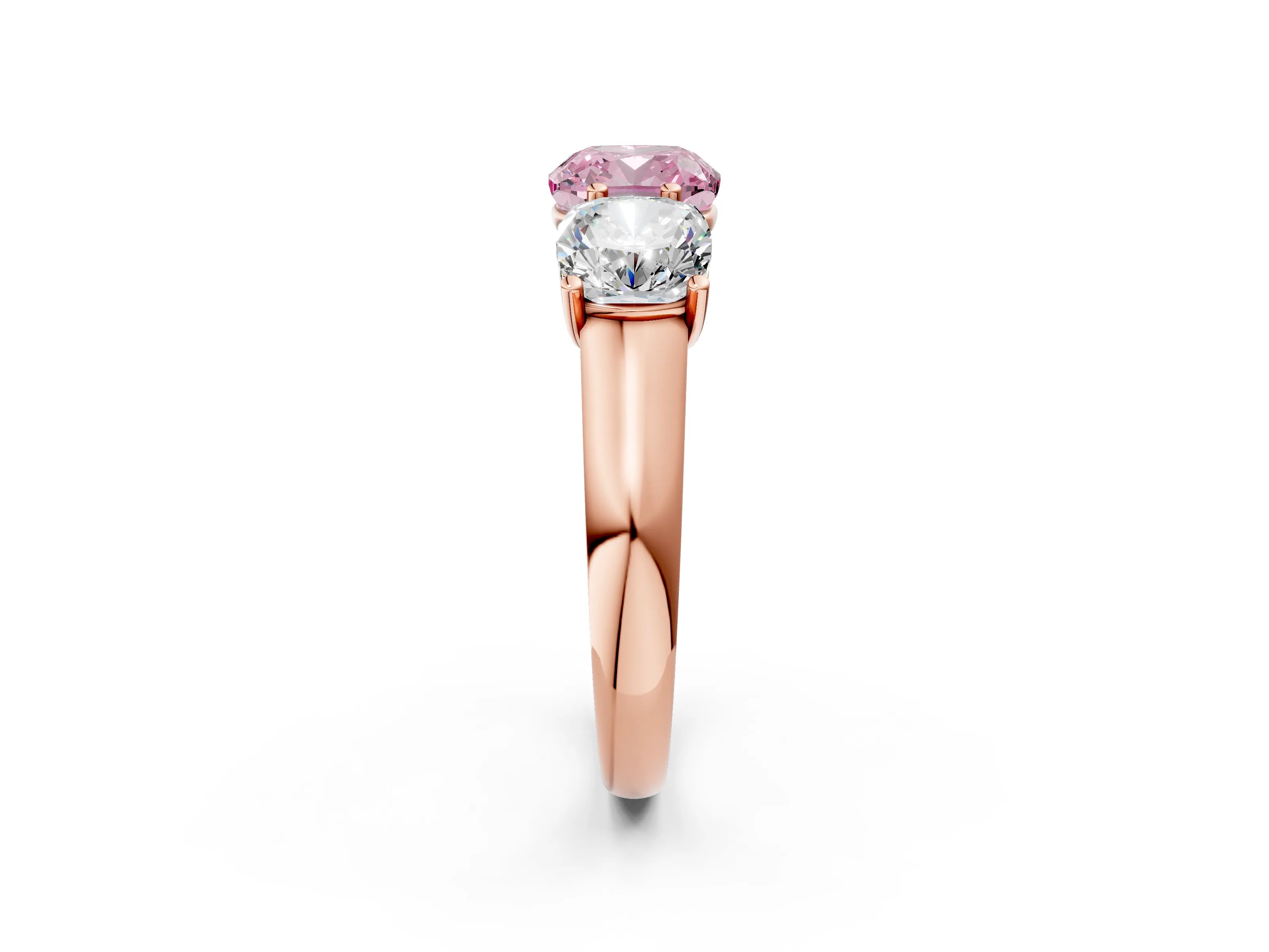 Rose gold Fancy Pink Cushion Cut Three-Stone Diamond Ring with Prong Setting on a Classic Band_2