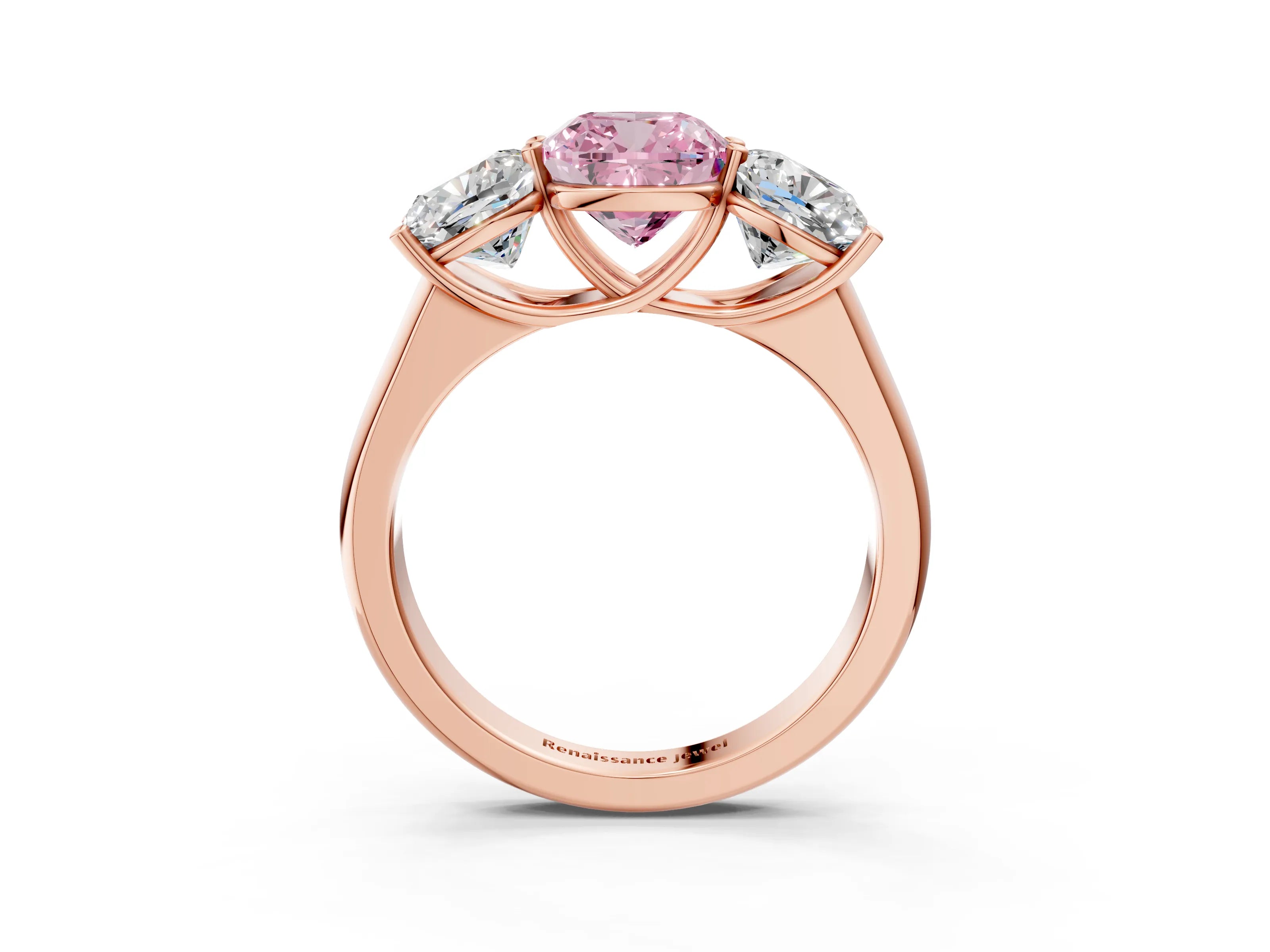 Rose gold Fancy Pink Cushion Cut Three-Stone Diamond Ring with Prong Setting on a Classic Band_3