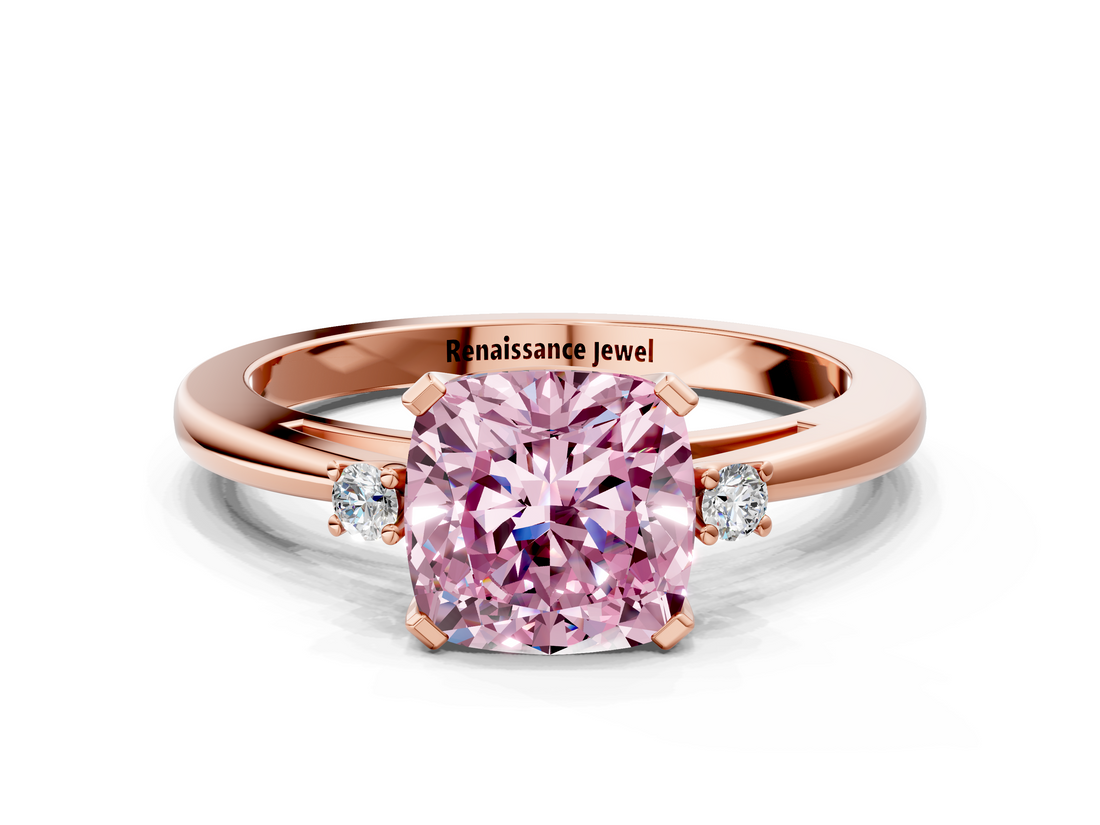 Rose gold Fancy Pink Cushion  Cut Three-Stone Solitaire Ring with Round Accent Diamonds and Four-Prong Setting_20