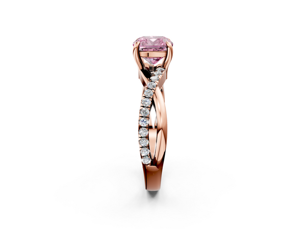 Rose gold Fancy Pink Cushion  Cut Twist Band Solitaire Diamond Ring with Pavé Setting